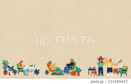 リビングでくつろぐ人々の手描きイラスト 114195437
