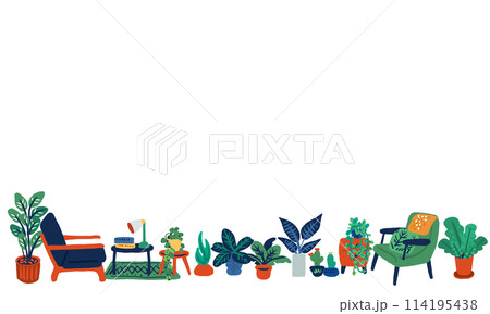 インテリアや観葉植物のシンプルでフラットな手描きイラスト 114195438