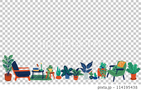 インテリアや観葉植物のシンプルでフラットな手描きイラスト 114195438