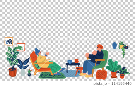 Hand-drawn illustration of a man and woman relaxing in the living room 114195440