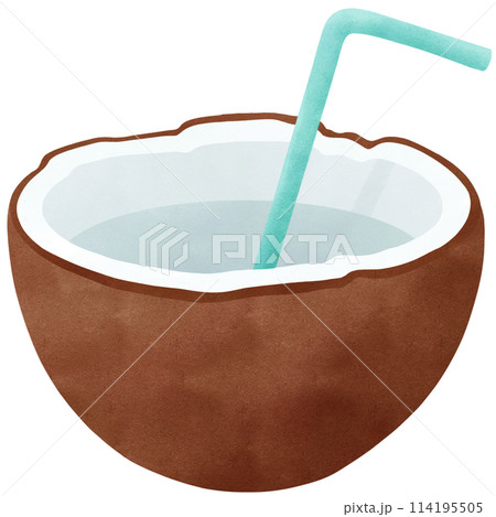 Summer coconut water in coconut shell with blue straw 114195505