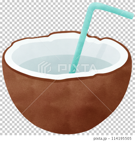 Summer coconut water in coconut shell with blue straw 114195505