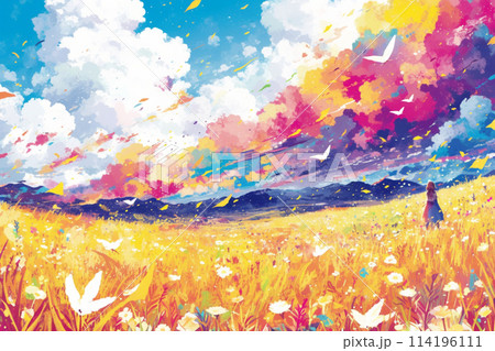 カラフルな花が咲く秋の野原の風景画のイラスト素材 [114196111] - PIXTA