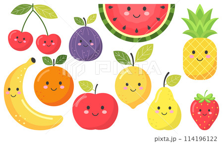 Cartoon set smiling fruit vector illustration Cartoon set smiling fruit vector illustration 114196122
