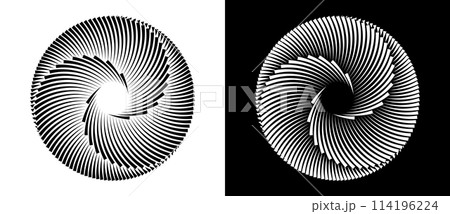 Set of circles with lines. Black spiral on white background and white spiral on black background. Dynamic design element with 3 parts. 114196224