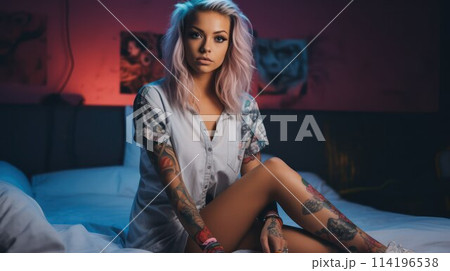 Woman with tattoo at bedroom, attractive tattooed blonde girl in bed. AI generated. Female person, young female beautiful portrait, feminine fashion model 114196538