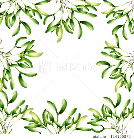 Frame with green christmas mistletoe and twine bow. New year botanical watercolor postcard. Kissing symbol illustration isolated on background. For designers, decoration, shop, wrapping paper, covers, 114196879