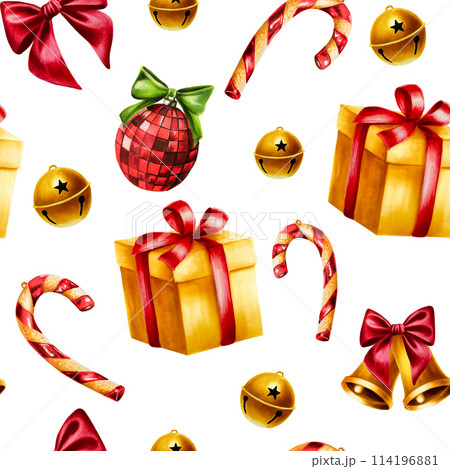 Seamless pattern with christmas balls, golden bell, gift illustrations. New year watercolor present box with red bow isolated on background. For designers, decoration, shop, for postcards, wrapping Seamless pattern with christmas balls, golden bell, gift illustrations. New year watercolor present box with red bow isolated on background. For designers, decoration, shop, for postcards, wrapping 114196881