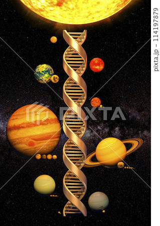 Golden DNA spiral with planets of Solar system with satellites in Space. 3D rendering Golden DNA spiral with planets of Solar system with satellites in Space. 3D rendering 114197879