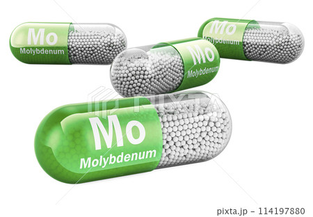 Molybdenum Capsules, Mo dietary supplement. 3D rendering Molybdenum Capsules, Mo dietary supplement. 3D rendering 114197880