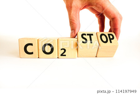 CO2 stop symbol. Concept word CO2 or CO2 stop on a beautiful wooden cubes. Beautiful white table white background. Businessman hand. Business ecological and CO2 stop concept. Copy space. CO2 stop symbol. Concept word CO2 or CO2 stop on a beautiful wooden cubes. Beautiful white table white background. Businessman hand. Business ecological and CO2 stop concept. Copy space. 114197949