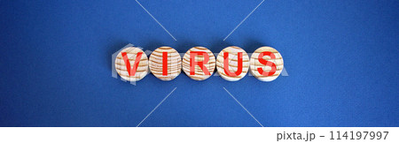 COVID-19 Pandemic Coronavirus concept. Wooden circles with the inscription virus. COVID-19 Pandemic Coronavirus concept. Wooden circles with the inscription virus. 114197997