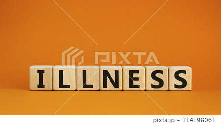 Illness symbol. Wooden cubes with word 'illness'. Beautiful orange background. Medical and illness concept. Copy space. 114198061