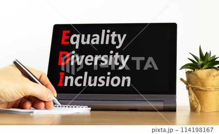 EDI equality diversity inclusion symbol. Concept words EDI equality diversity inclusion on black tablet. Beautiful white background. Business EDI equality diversity inclusion concept. Copy space. 114198167