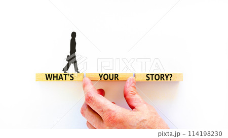 Storytelling and what is your story symbol. Concept words What is your story on blocks. Beautiful white background. Businessman hand. Business storytelling and what is your story concept. Copy space. 114198230