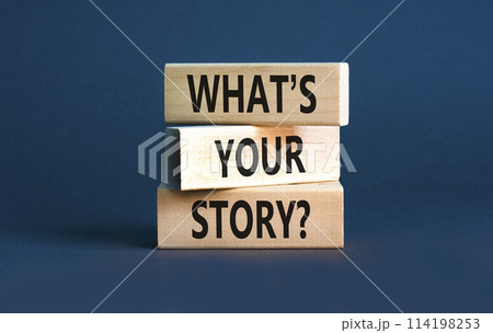 Storytelling and what is your story symbol. Concept words What is your story on blocks. Beautiful grey table grey background. Business storytelling and what is your story concept. Copy space. 114198253