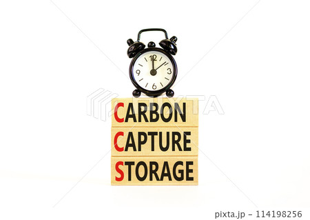 CCS Carbon capture storage symbol. Concept words CCS Carbon capture storage on beautiful wooden blocks. Beautiful white background. Business ecological Carbon capture storage concept. Copy space. 114198256