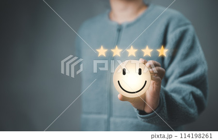 Customer review satisfaction feedback survey concept. Best Excellent Services Rating for Satisfaction present by Hand of Client Showing smile face with excellent rating Five Star. Customer experience, 114198261