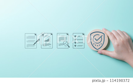 Hand-engaging with quality assurance icons. standard quality control certification assurance guarantee for automation process. Quality management, Quality Control, Standardization, health insurance, 114198372