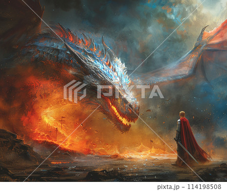 Dragon and knight facing off in a dramatic showdown 114198508