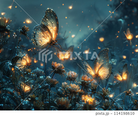 Flower faeries tending to a midnight bloom 114198610
