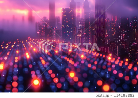 Futuristic City Map with Pixelated Traffic Flow A digital grid blurs with moving dots 114198882