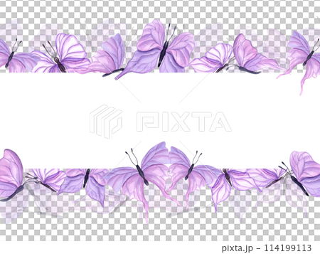 Fluttering pink butterflies of various shapes. Horizontal frame of abstract watercolor tropical insects. Hand drawn illustration for wedding invitation, greetings. Copy space for text. Fluttering pink butterflies of various shapes. Horizontal frame of abstract watercolor tropical insects. Hand drawn illustration for wedding invitation, greetings. Copy space for text. 114199113