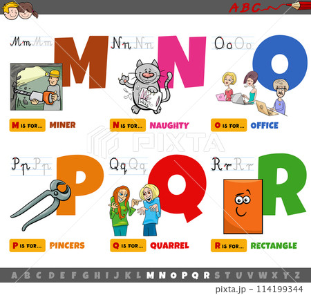 educational cartoon alphabet letters for children from M to R 114199344