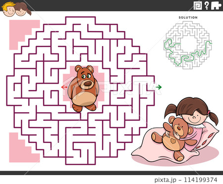maze game with cartoon little girl and teddy bear maze game with cartoon little girl and teddy bear 114199374