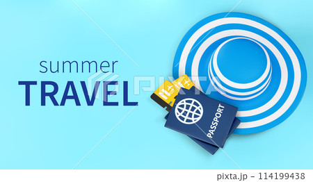 Summer travel concept banner with chic womens striped hat, passports and boarding passes on turquoise backdrop, top view. Summer vacation or online booking concept. Vector illustration 3d render. Summer travel concept banner with chic womens striped hat, passports and boarding passes on turquoise backdrop, top view. Summer vacation or online booking concept. Vector illustration 3d render. 114199438