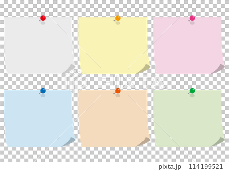 丸いピンで刺した色付きのメモ帳のイラストのセット 丸いピンで刺した色付きのメモ帳のイラストのセット 114199521