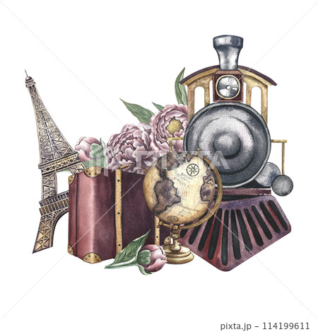 Travel on a retro train. A composition with a steam locomotive, a suitcase and the Eiffel tower, a globe and peonies. Handmade watercolor illustration in vintage style. For banners, flyers, posters. 114199611