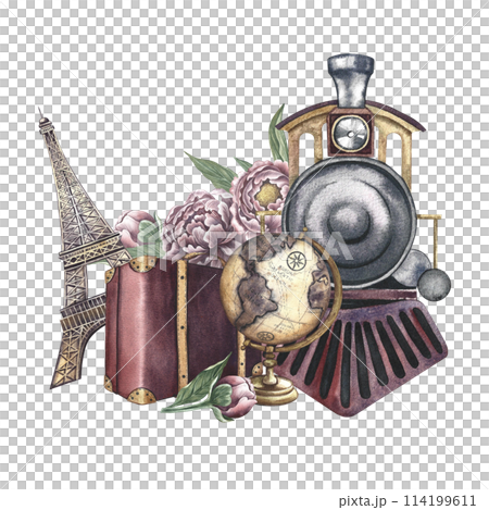 Travel on a retro train. A composition with a steam locomotive, a suitcase and the Eiffel tower, a globe and peonies. Handmade watercolor illustration in vintage style. For banners, flyers, posters. 114199611
