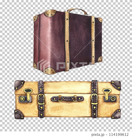 Vintage suitcases. A set of hand-painted watercolor illustrations of vintage luggage. Isolate it. In dark red and ochre colors. For banners, flyers, posters. For postcards and tickets. 114199612