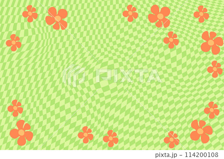 Green retro psychedelic checkerboard pattern with orange flowers. Groovy funky textures. Stock vector illustration in flat style. 114200108