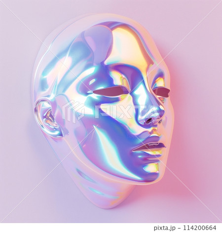 Futuristic holographic mask abstract graphic design concept. Chrome women mask for the masquerade in style holographic liquid. Glossy pastel iridescent on pink background. 114200664