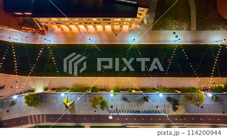 Aerial Night Top Down of Urban Water Feature with Star Sculpture, Indianapolis 114200944