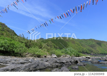 四万十川上空を泳ぐ鯉のぼり (高知県 四万十町十川) 四万十川上空を泳ぐ鯉のぼり (高知県 四万十町十川) 114200949