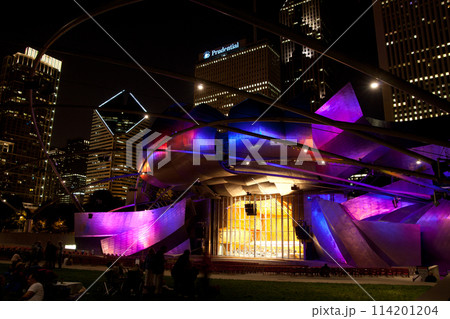 Vibrant Nightlife at Chicago's Modern Outdoor Jay Pritzker Pavilion Amphitheater Vibrant Nightlife at Chicago's Modern Outdoor Jay Pritzker Pavilion Amphitheater 114201204
