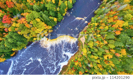 Aerial Top Down View of Tahquamenon Falls in Autumn Foliage Aerial Top Down View of Tahquamenon Falls in Autumn Foliage 114201290