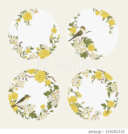 Round compositions with floral patterns and birds. Blooming garden trees. Warbler warbler. Set of round botanical cards. Colorful 114202132