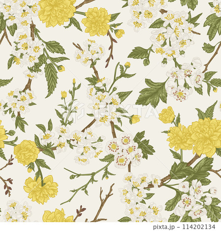 Seamless floral pattern. Flowering branches of garden trees. Vector botanical background. Full bloom. Colorful Seamless floral pattern. Flowering branches of garden trees. Vector botanical background. Full bloom. Colorful 114202134