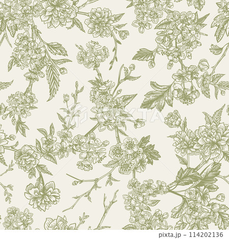 Seamless floral pattern. Vector botanical background. Tree branches with flowers. Vintage style. Green 114202136