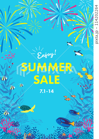 海中の魚やペンギンと花火のベクターイラスト背景 114202264