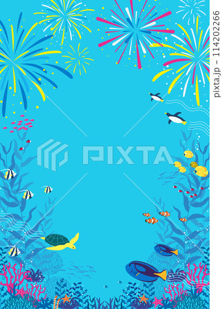海中の魚やペンギンと花火のベクターイラスト背景 114202266