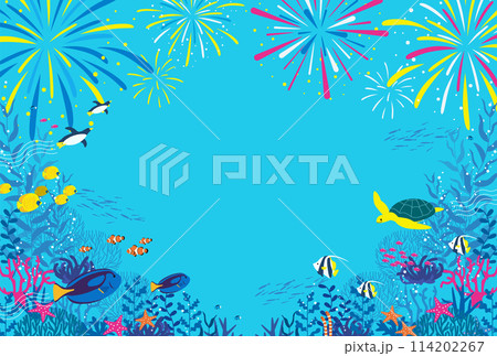 海中の魚やペンギンと花火のベクターイラスト背景 海中の魚やペンギンと花火のベクターイラスト背景 114202267