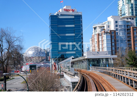 Main Street Science Word signboard name skytrain stop in vancouver city center canada british columbia 114202312
