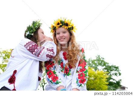 whisper in the ear of a girlfriend gossip two beautiful girls with red hair laugh against the backdrop of a white sky and green trees spend time together joking At a party they flirt with the guys 114203004