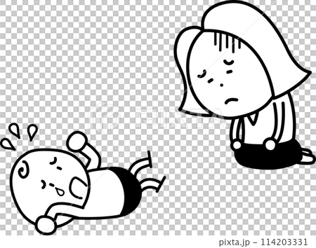 A mother and woman look sad in front of a crying child 114203331