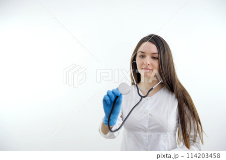 excited medical doctor woman happy smile point finger at you, isolated over white background excited medical doctor woman happy smile point finger at you, isolated over white background 114203458